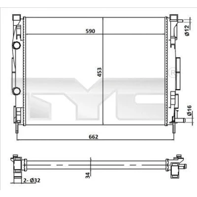 Abbildung von TYC 728 0054 Kühler, Motorkühlung 590 453 34 Kühlrippen mechanisch gefügt RENAULT: MEGANE 2 Kombi, SCENIC 2, GRAND