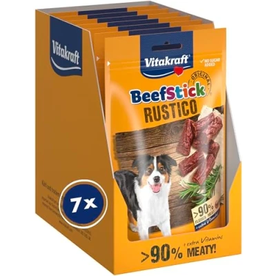 Abbildung von Vitakraft Beef Stick Rustico, fleischige Salami Häppchen, als Belohnung und Training, Hundeleckerli, ohne Zusatz von Zucker (7x 55g)
