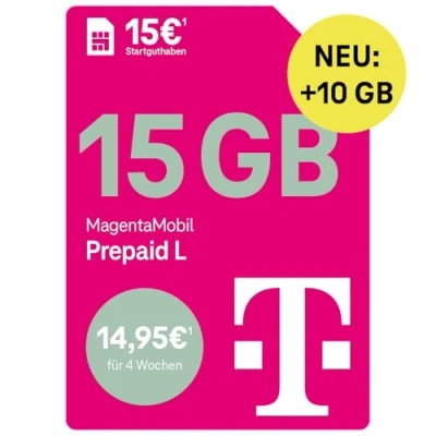 Abbildung von Telekom MagentaMobil Prepaid L mit 15 GB Highspeed Volumen I Surfen 5G/ LTE Max &amp; Allnet Flat (Min, SMS) in alle dt. Netze Datenmitnahme Basic Roaming Hotspot EUR Startguthaben
