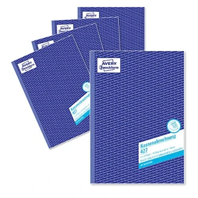 Abbildung von AVERY Zweckform 427 5 Kassenabrechnung (A4, 2x50 Blatt, 1 Blatt Blaupapier, MwSt. Spalte für Einnahmen &amp; Ausgaben, von Rechtsexperten geprüft, DE/AT, ordungsgemäße Buchführung) 5er Pack, weiß/gelb