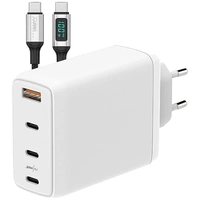 Abbildung von revolt Charger: 120W PD USB 4 Ports Netzteil Ladegerät, weiß+ 100W C Ladekabel (Steckdosen USBstecker, Handy Ladestation)