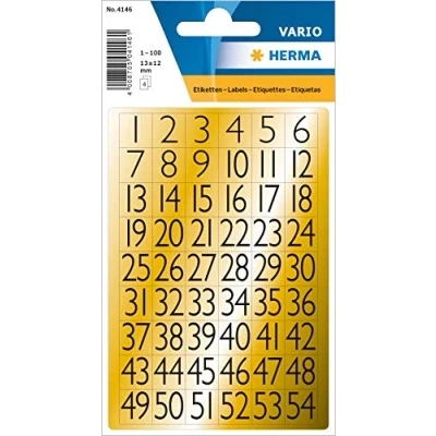 Abbildung von HERMA 4146 Zahlen Aufkleber gold 1 100, 216 Stück, 13 x 12 mm, selbstklebend, klein, Nummer Ziffer Klebezahlen Sticker Hausnummern aus Folie zum Aufkleben, schwarz