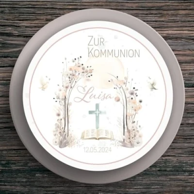 Abbildung von Tortenaufleger Kommunion Blüten #1 Name &amp; Datum (20cm)
