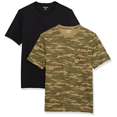 Abbildung von Amazon Essentials Herren T Shirt mit kurzen Ärmeln, Rundhalsausschnitt und Tasche in normaler Passform, 2er Pack, Military Muster/Schwarz, XL