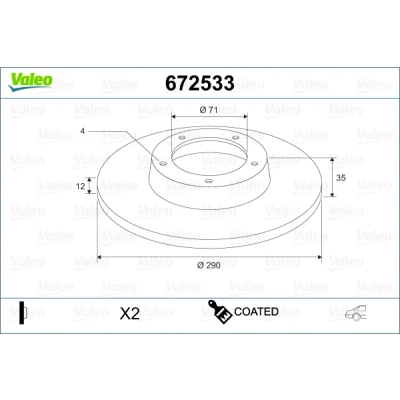 Abbildung von VALEO 672533 Bremsscheibe Hinterachse 290 12 4 voll beschichtet PEUGEOT: 308 I Schrägheck, 3008 I, CC, CITROËN: C4 II DS4 Schrägheck