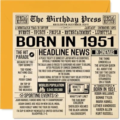 Abbildung von Geburtstagskarte zum 73. Geburtstag für Männer und Frauen Born in 1951 Zeitung Happy 73 Großvater, Oma, Vintage, Retro, Back 1951, 145 mm x mm,