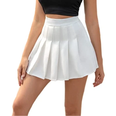 Abbildung von Hoerev Frauen Mädchen Kurze hohe Taille gefaltete Skater Tennis Schule Rock,Weiß,32 / XS