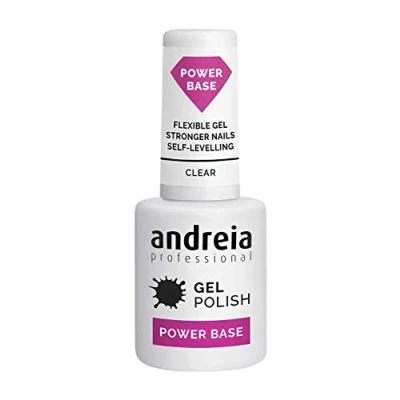 Abbildung von Andreia Professional Nude Gel Nagellack Power Base Hochviskose Basis für stärkere Nägel Aufbau Basisgel kleine Nagelverlängerungen Vegan Farbe Klar 10,5 ml