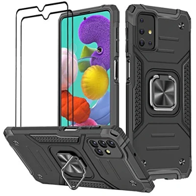 Abbildung von KANSi Hülle kompatibel für Samsung Galaxy A51, Schutzfolie [2 Stück] Silikon TPU Hart PC Handy Hüllen 360 Grad Drehbar Ringhalter Bumper Stoßdämpfung Schutzhülle A51 Schwarz