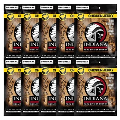 Abbildung von Indiana Chicken Jerky, Geschenkbox High Protein Trockenfleisch, ohne Zuckerzusatz, Glutenfrei (10 x 25g)