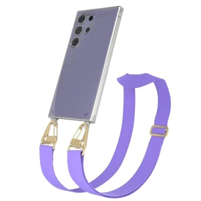 Abbildung von EAZY CASE Hülle mit Band kompatibel Samsung Galaxy S24 Ultra Handyhülle Umhängeband für Silikonhülle Transparent Schutzhülle Handykette zum Umhängen Handykordel in Lila Gold