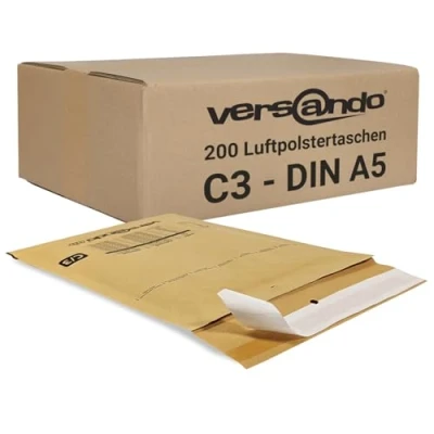 Abbildung von versando 200x C3 Luftpolsterumschläge Innenmaß 150 x 215 mm Außenmaß 170 225 braun/goldgelb für DIN A5 / A6