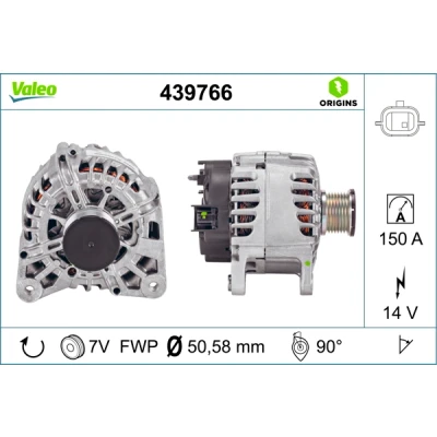 Abbildung von VALEO 439766 Lichtmaschine 14V 150A RENAULT: MASTER 3 Kasten, Kangoo II Express, MEGANE Grandtour, DACIA: Duster SUV, Lodgy,