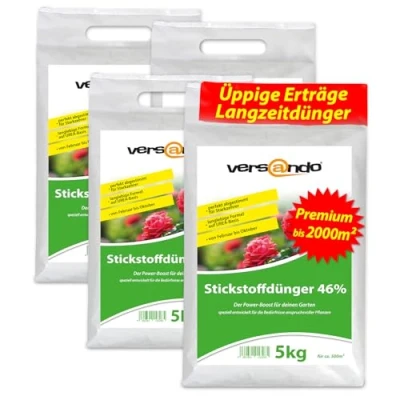Abbildung von versando 20kg Stickstoffdünger bis 2000m²: 46% UREA Stickstoff für Rasen, Gemüse, Blumen von Frühjahr Herbst, fördert üppiges Blattwachstum mit Langzeitwirkung Premium Qualität