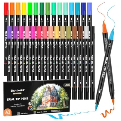 Abbildung von Shuttle Art Dual Brush Pen Set, 30 doppelseitige Pinselstifte, Filzstifte Dicke und Dünne, Aquarellstifte mit Malbuch für Kinder, Erwachsene zum Malen Handlettering, Kalligraphie Stifte