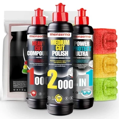 Abbildung von Menzerna Autopolitur Set Heavy Cut Compound 1000 + Medium Politur 2000 Power Protect Ultra 2in1 Lackversiegelung 3 Poliertücher Auto Polierset