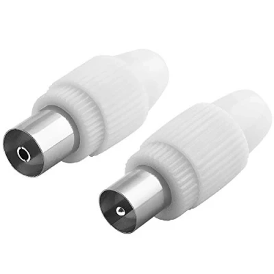 Abbildung von BestPlug 2 Stück Antennen Koax Stecker, 1 Buchse Kupplung weiblich und Stecker männlich, schraubbar, geeignet für 3D SD HD FullHD UHD 4K, Weiss