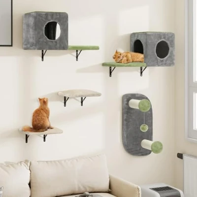 Abbildung von YITAHOME 5 Teiliges Stabiler Kletterwand Katzen Set aus Flanell, Katzenmöbel mit Katzenhaus, Katzenbett, Sisalsäule für Katze Schlafen Spielen Lounging