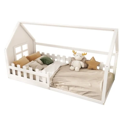 Abbildung von SOFTWEARY Hausbett mit Lattenrost, Rausfallschutz und Zaun, 90x200 cm, Kinderbett, Einzelbett, Jugendbett, Holzbett (weiß, cm)