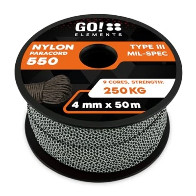 Abbildung von GO!elements 50m Paracord Seil aus reißfester Nylonschnur 4mm 550 Typ III Schnur geeignet als Allzweckseil &amp; Reepschnur Max. 250kg, Farbe: Schwarz Weiß