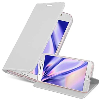 Abbildung von Cadorabo Hülle kompatibel mit Samsung Galaxy J7 2016 aus Premium Kunst Leder Flip Klappbare Stoßfeste Magnetische [Standfunktion] [Kartenfächern] Cover für Tasche in Silber