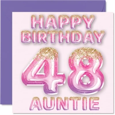 Abbildung von Stuff4 Geburtstagskarte zum 48. Geburtstag für Tante rosa &amp; lila Glitzerballons Happy Birthday Karten 48 Jahre alte von Neffe Nichte, 145 mm x