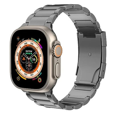 Abbildung von MoKo Titan Armband Kompatibel mit Apple Watch Ultra2 49mm 46mm 45mm 44mm 42mm,Metall Ersatzarmband Uhrenarmband Doppeldruckknopfschließe für iWatch Ultra SE2 SE Series 10 9 8 7 6 5 4 3 2 1,Grau