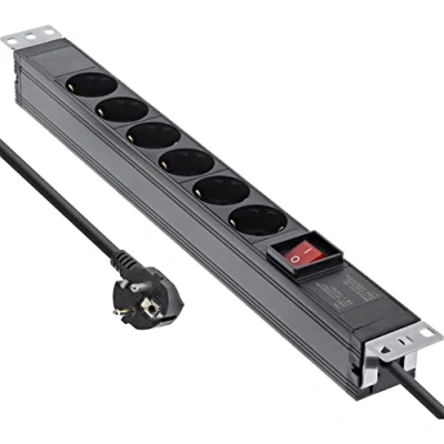 Abbildung von InLine® 19&quot; Steckdosenleiste, 6 Fach Schutzkontakt mit variablen Montagewinkeln, Schalter, 2m, schwarz