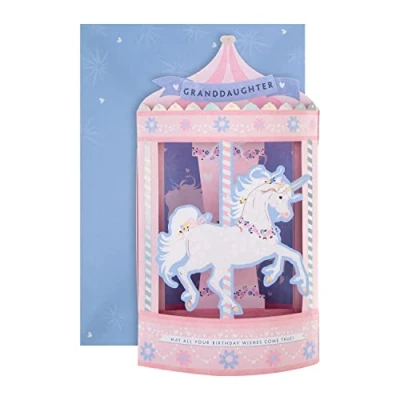 Abbildung von Hallmark 3D Geburtstagskarte für Enkelin, niedliches Einhorn Karussell Design