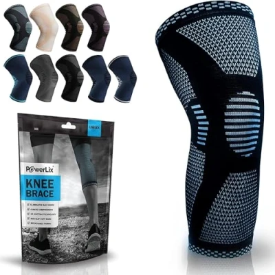 Abbildung von POWERLIX Kniebandage für Damen/Männer, Kompression Kniestütze Meniskusriss, Arthritis, Linddert Kniescherzen, ACL, Laufen, Gewichtheben, Basketball, Volleyball, Sport, Hellblau, L
