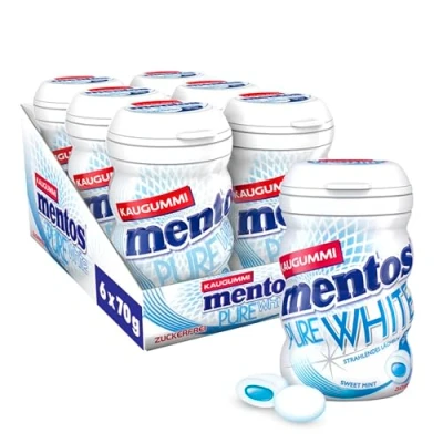 Abbildung von Mentos Kaugummi Pure White Sweet Mint, 6 Boxen zuckerfreie Chewing Gum Dragees mit Pfefferminz Geschmack &amp; flüssiger Füllung, Multipack (6 x 70g)