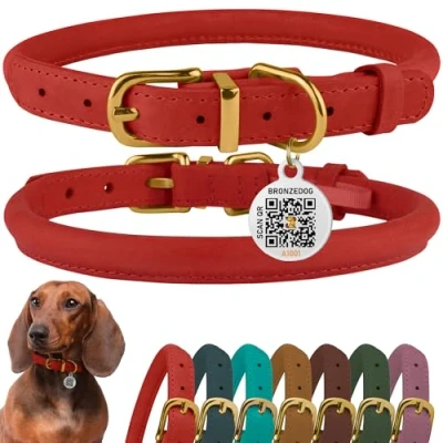 Abbildung von BRONZEDOG Hundehalsband aus gerolltem Leder mit QR ID Tag, verstellbar, weiche runde Halsbänder für kleine, mittelgroße und große Hunde, Welpen, Katzen (Klassisches Rot, 40 48 cm)