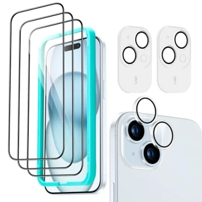 Abbildung von ESR iPhone 15 für Panzerglas, 3 Displayschutzfolien aus gehärtetem Glas und 2 Set einzelner Kamera Schutzfolien, 2,5D gebogene Kanten, vollständiger Militärnorm Schutz, kratzfest