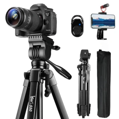 Abbildung von Stativ 152 cm Kamera für iPhone/Telefon, Fluidkopf Reisestativ Canon Nikon Sony DSLR Videokamera, Universal Telefonhalterung &amp; drahtlose Fernbedienung, tragbare Tasche Fotografie