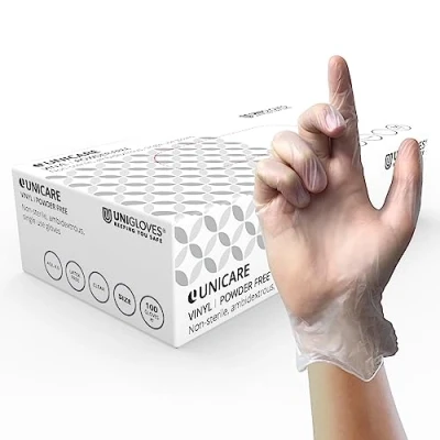 Abbildung von UNIGLOVES Unicare GS0062 Mehrzweck Einweghandschuhe, Vinyl, puderfrei, latexfrei, mittelschwer, Box mit 100 Handschuhen, transparent, Größe S
