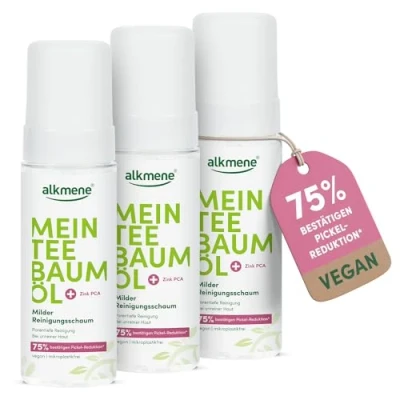 Abbildung von alkmene Mein Teebaumöl Reinigungsschaum Gesicht 3x 150 ml Pickel Reduktion 75% bestätigt naturreines Teebaumöl, vegan &amp; klimaneutral Waschschaum für unreine Haut Gesichtsreinigungs Schaum