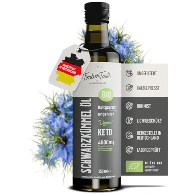 Abbildung von Schwarzkümmelöl bio kaltgepresst, 250 ml, naturrein, 4600 mg/kg Thymochinon Gehalt, Nigella Sativa, Ägyptisches Schwarzkümmelöl, Black Seed Oil 1 x 250 ml