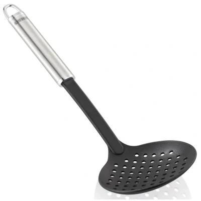 Abbildung von Leifheit Schaumlöffel 36 cm NylonSterling Serie, Abseihlöffel aus rostfreiem Edelstahl und Nylon zum Kochen ohne Kratzer, Sieblöffel mit ovalem Griff, Schaumkelle praktischer Aufhängeöse, silber