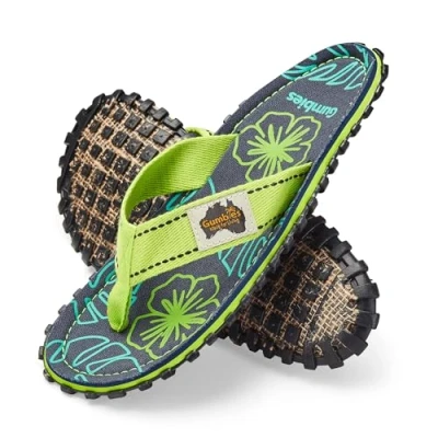Abbildung von Gumbies Originals Blau Flip Flops aus recycelten Materialien robuste Sohle wiederverwerteten Autoreifen, weiches Fußbett Canvas Baumwolle, bequemer Baumwoll Zehensteg Lime Hibiscus, 37