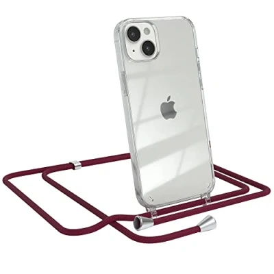 Abbildung von EAZY CASE Handykette kompatibel mit iPhone 14 Plus Handyhülle Umhängeband, Handykordel Schutzhülle, Silikonhülle, Hülle Band, Stylische Kette für Smartphone, Burgunder Rot