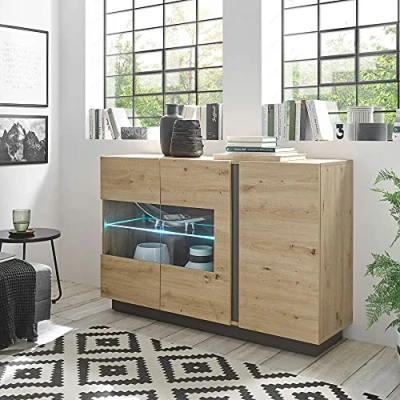 Abbildung von Lomadox Vitrinen Sideboard mit Beleuchtung in Eiche Artisan Nb. Absetzungen Graphit grau, B/H/T: ca. 138/91/40 cm