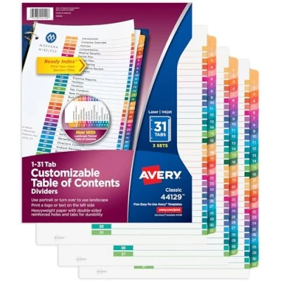 Abbildung von Avery 1 31 Registerkarten für 3 Ringbücher, anpassbares Inhaltsverzeichnis, mehrfarbige Registerkarten, Sets (44129)