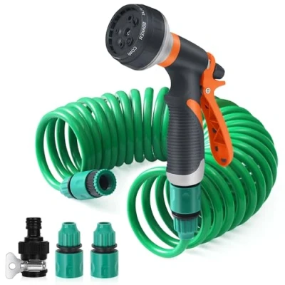 Abbildung von Flexibler Gartenschlauch, 7.5M Spiralschlauch Komplett Set mit 8 Funktions Brause, Handbrause Garten Brausekopf Gartenbewässerung für Autowäsche, Haustierdusche, Gartenarbeit