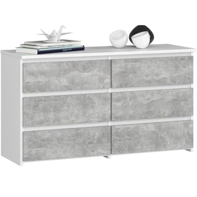 Abbildung von AKORD Kommode CL 100 mit 6 Schubladen Komodenschrank Funktional Für Wohnzimmer Schlafzimmer Langlebig Rollenführung ABS Kante 35x100x57cm Weiß + Beton Front