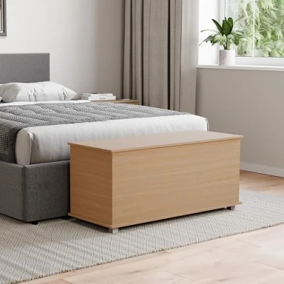 Abbildung von Vida Designs LEON Stauraum Ottomane Holztruhe mit Deckel Sitzhocker Fensterbank Decken Bettzeug Spielzeugkiste Fußhocker Kiefer