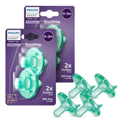 Abbildung von Philips AVENT Soothie Kiefergerechter Baby Schnuller, 100% Silikon, einteilig, BPA frei, für Babys von 0 3 Monaten, grün, 4er Pack, Modell SCF190/41