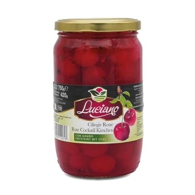 Abbildung von Luciano Cocktail Kirschen 420g Maraschino Cocktailkirsche ohne Kern Sauerkirschen im Glas mit Stiel eingelegt in Sirup