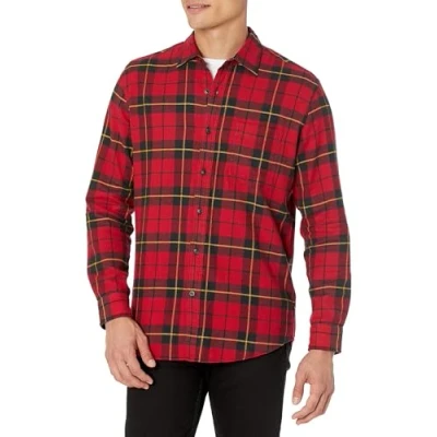 Abbildung von Amazon Essentials Herren Langarmhemd aus Flanell (in Übergröße erhältlich), Schwarz Rot Gelb Großes Karo, XL
