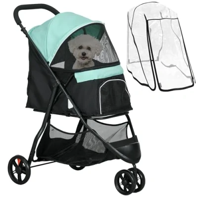 Abbildung von PawHut 2 in 1 Hundewagen Hundebuggy mit Regenschutz klappbar für Hunde &amp; Katzen bis 10 kg Katzenbuggy Kissen Netzfenstern Türen Aufbewahrungskorb Katzenwagen Buggy Grün