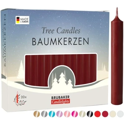 Abbildung von BRUBAKER Tafelkerze Baumkerzen aus Wachs (1 Packung Christbaumkerzen, 20 tlg), rauchfreie und geruchsneutrale Pyramidenkerzen, Wachskerzen für Weihnachtsdekoration, bunte Weihnachtskerzen